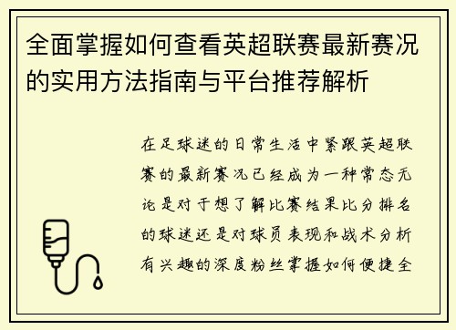 全面掌握如何查看英超联赛最新赛况的实用方法指南与平台推荐解析